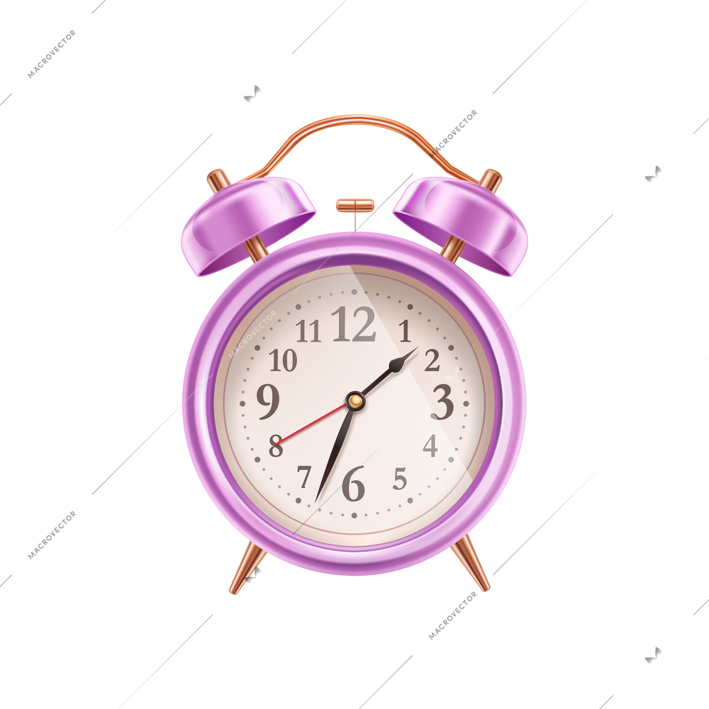 Realistic cute vintage purple alarm clock vector illustration