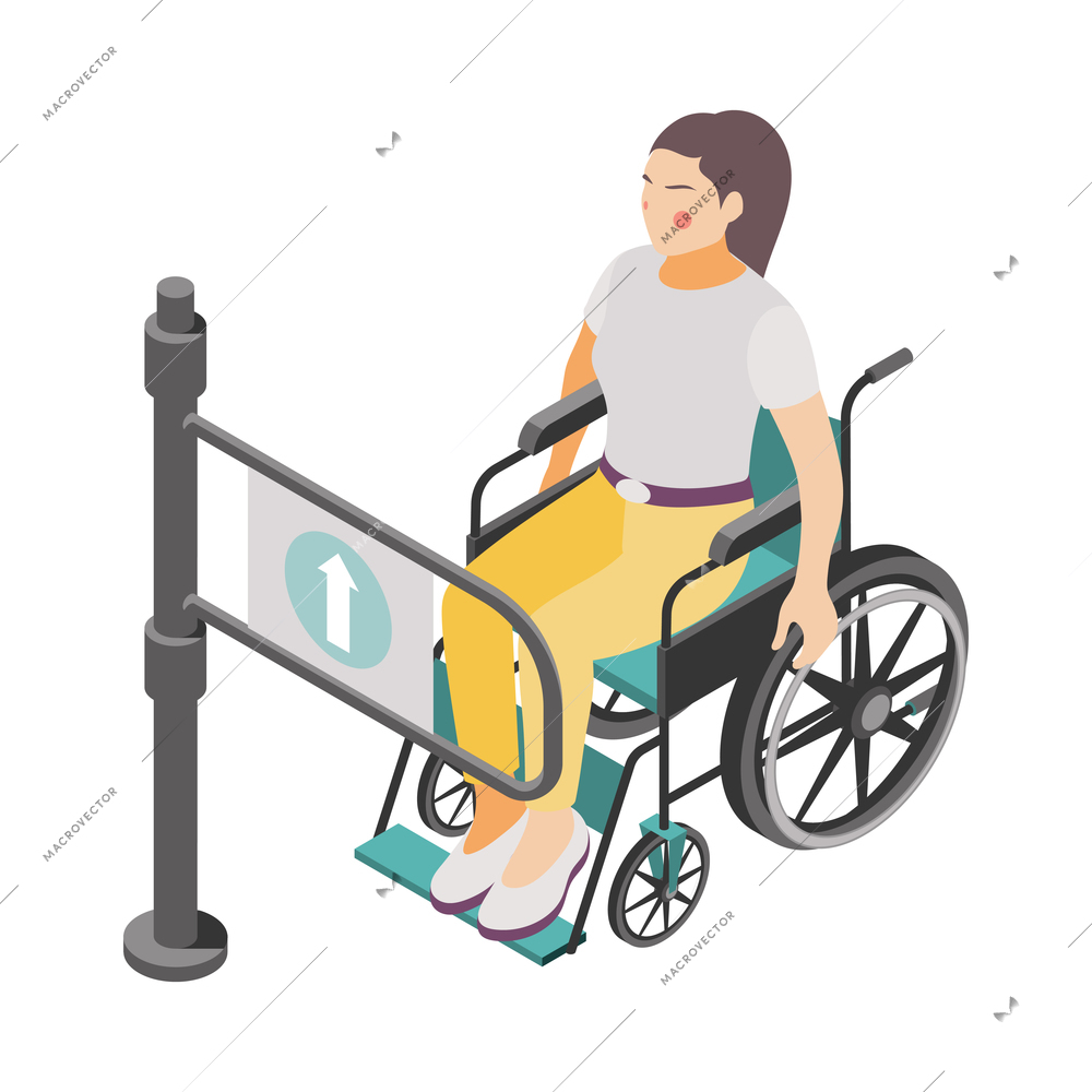 Disabled woman in wheelchair in front of entrance gate barrier 3d isometric vector illustration