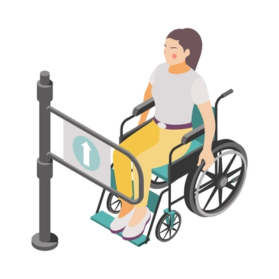 Disabled woman in wheelchair in front of entrance gate barrier 3d isometric vector illustration