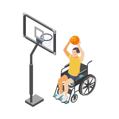 Disabled man in wheelchair playing basketball 3d isometric vector illustration