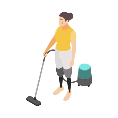 Disabled woman with artificial legs vacuuming room 3d isometric vector illustration