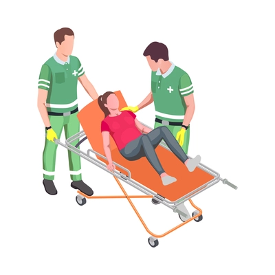 Isometric icon with pregnant woman on stretcher and two paramedics 3d vector illustration