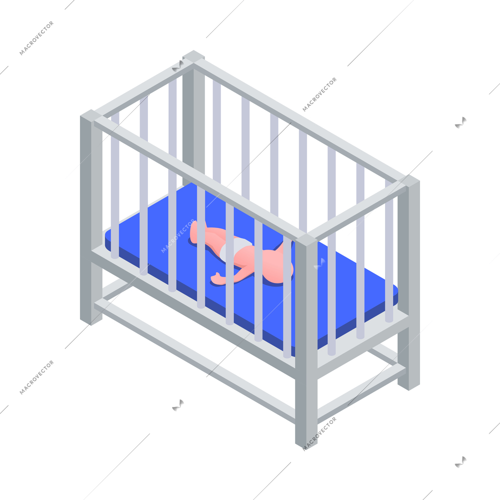 Newborn baby lying in cot 3d isometric icon vector illustration