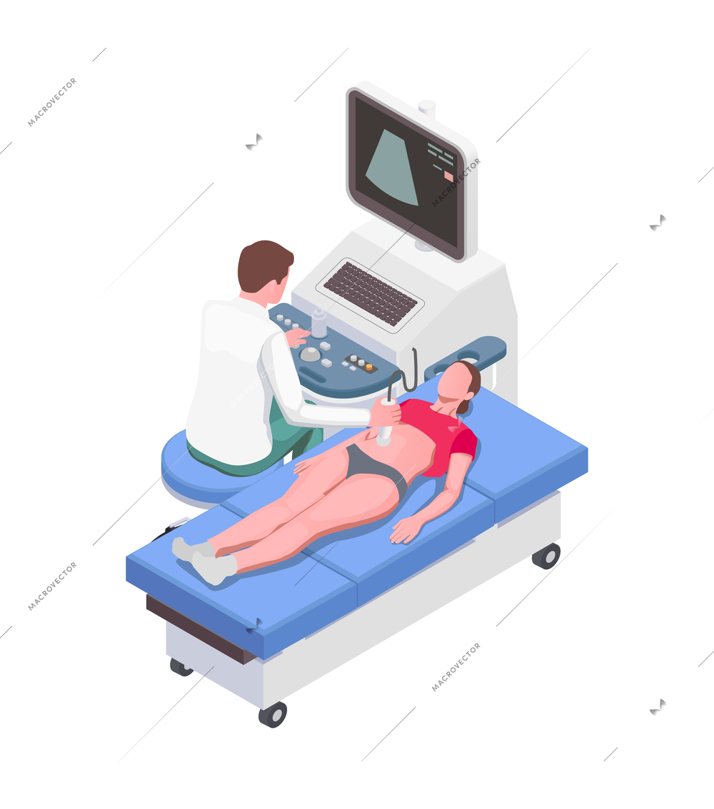 Pregnancy isometric icon with woman during ultrasound scanning in clinic 3d vector illustration