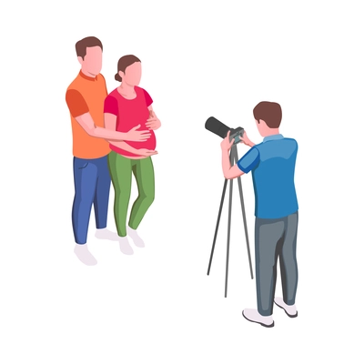 Photographer taking photo of pregnant woman and father 3d isometric isolated vector illustration