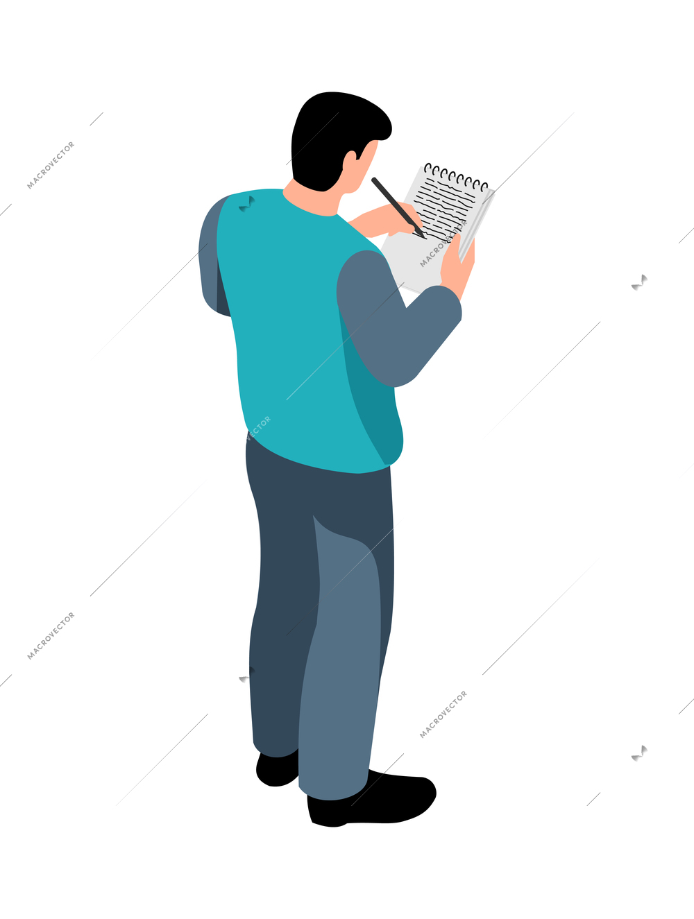 Male writer writing ideas in his notebook 3d isometric vector illustration