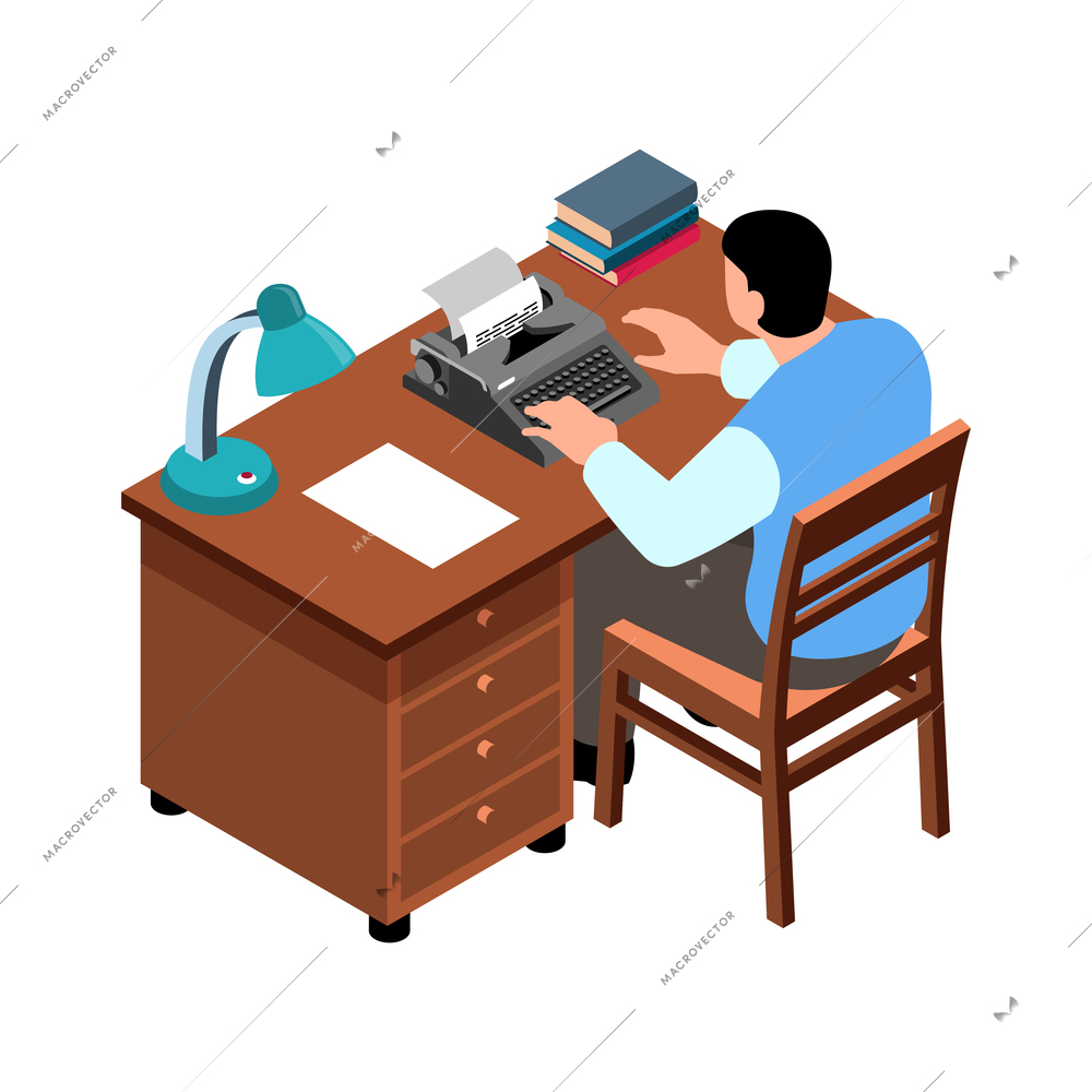 Isometric writer using typewriter at desk in office 3d vector illustration