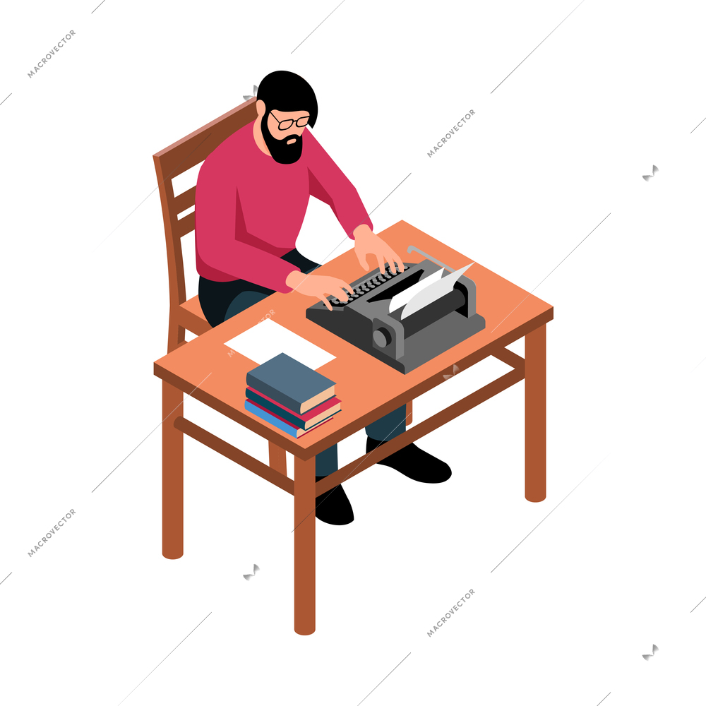 Bearded writer working on typewriter isometric icon on white background 3d vector illustration