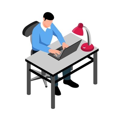 Isometric character of writer or journalist working on laptop 3d vector illustration
