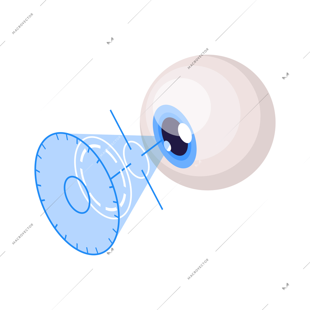 Isometric biometric identification iris retina recognition icon with human eye being scanned 3d vector illustration