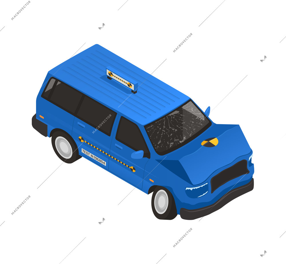 Blue car damaged during crash test procedure isometric icon 3d vector illustration