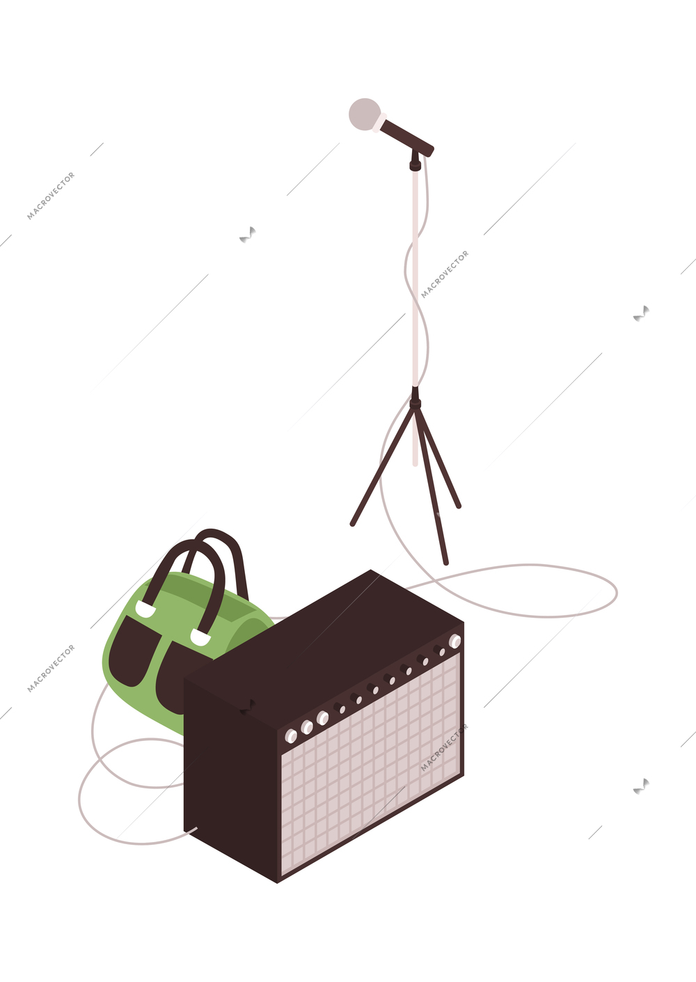 Isometric equipment for street concert with microphone and amplifier 3d vector illustration