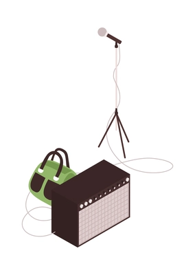 Isometric equipment for street concert with microphone and amplifier 3d vector illustration