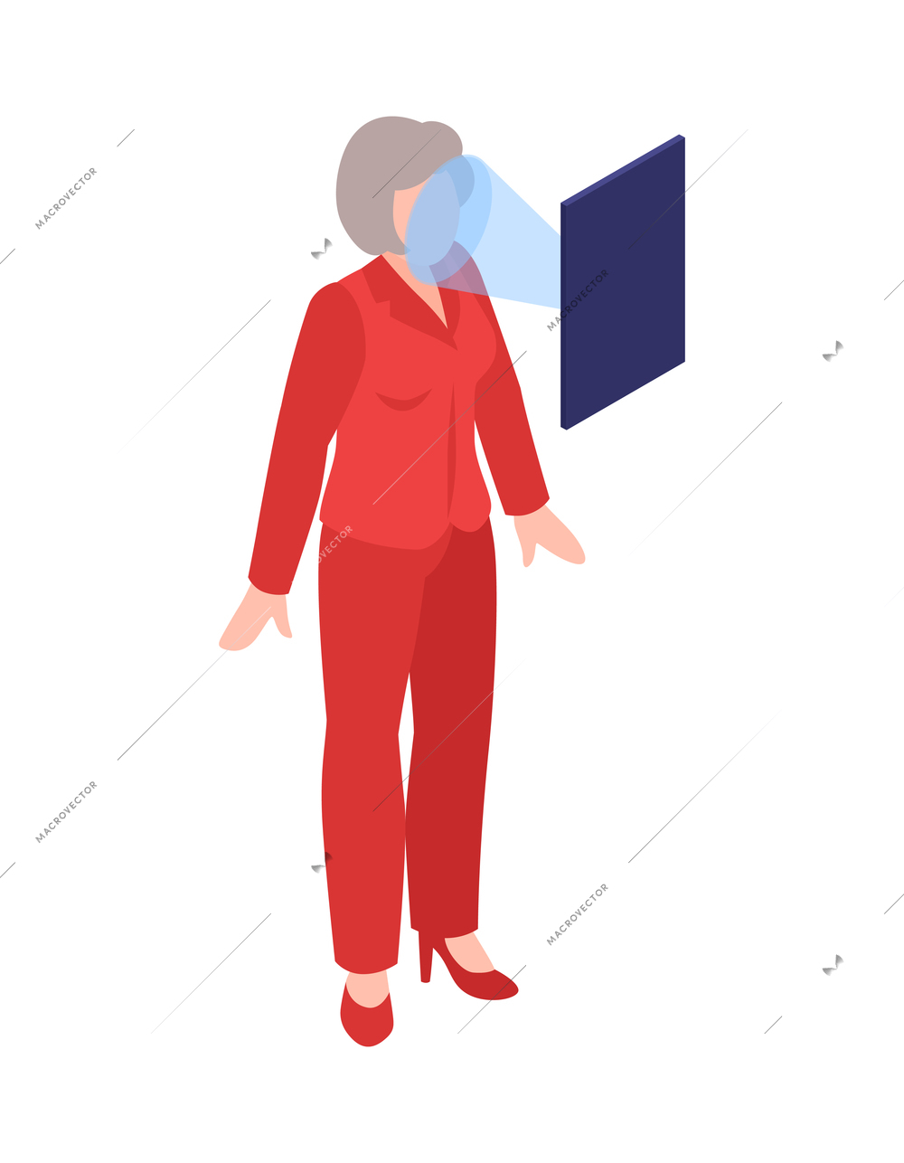 Isometric biometric identification face recognition icon with womans face being scanned vector illustration