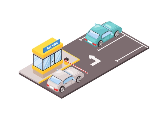 Parking zone with auto barrier and two cars 3d isometric vector illustration