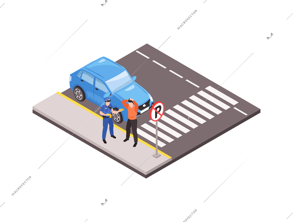 Policeman giving ticket to man for parking violation 3d isometric vector illustration
