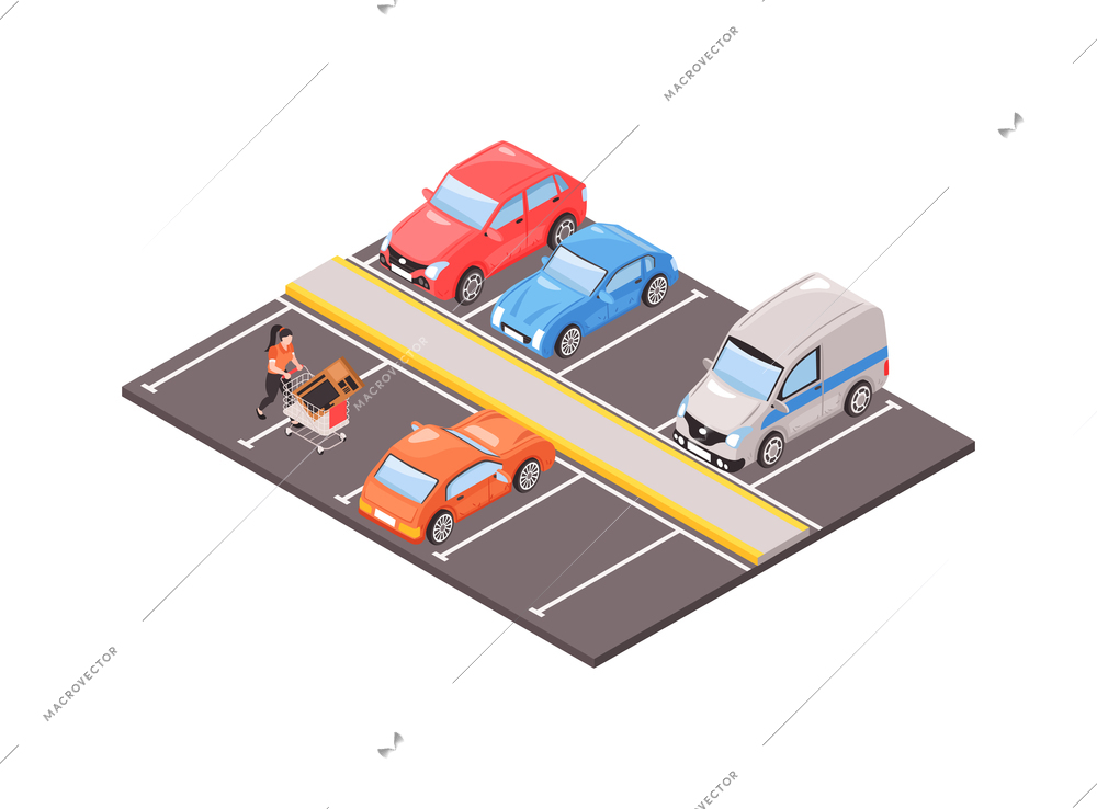 Parking lot with parked automobiles and woman carrying trolley near shopping center 3d isometric vector illustration