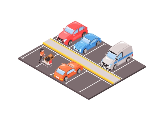 Parking lot with parked automobiles and woman carrying trolley near shopping center 3d isometric vector illustration