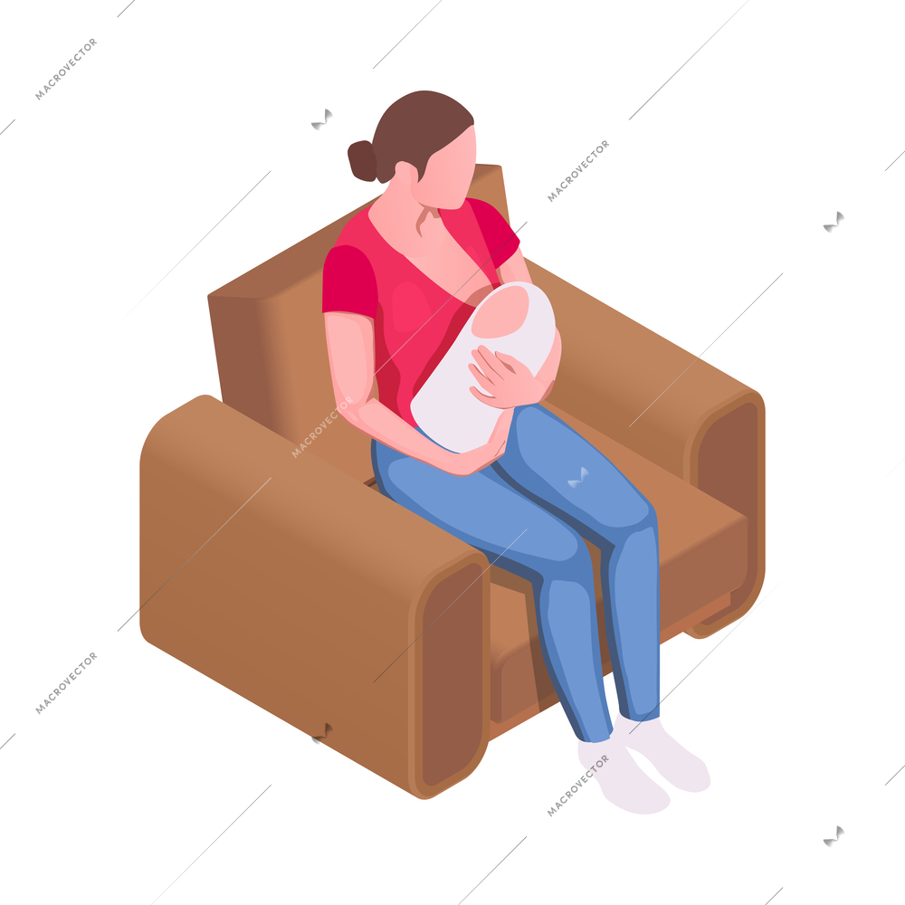 Woman breastfeeding newborn baby sitting in armchair 3d isometric vector illustration