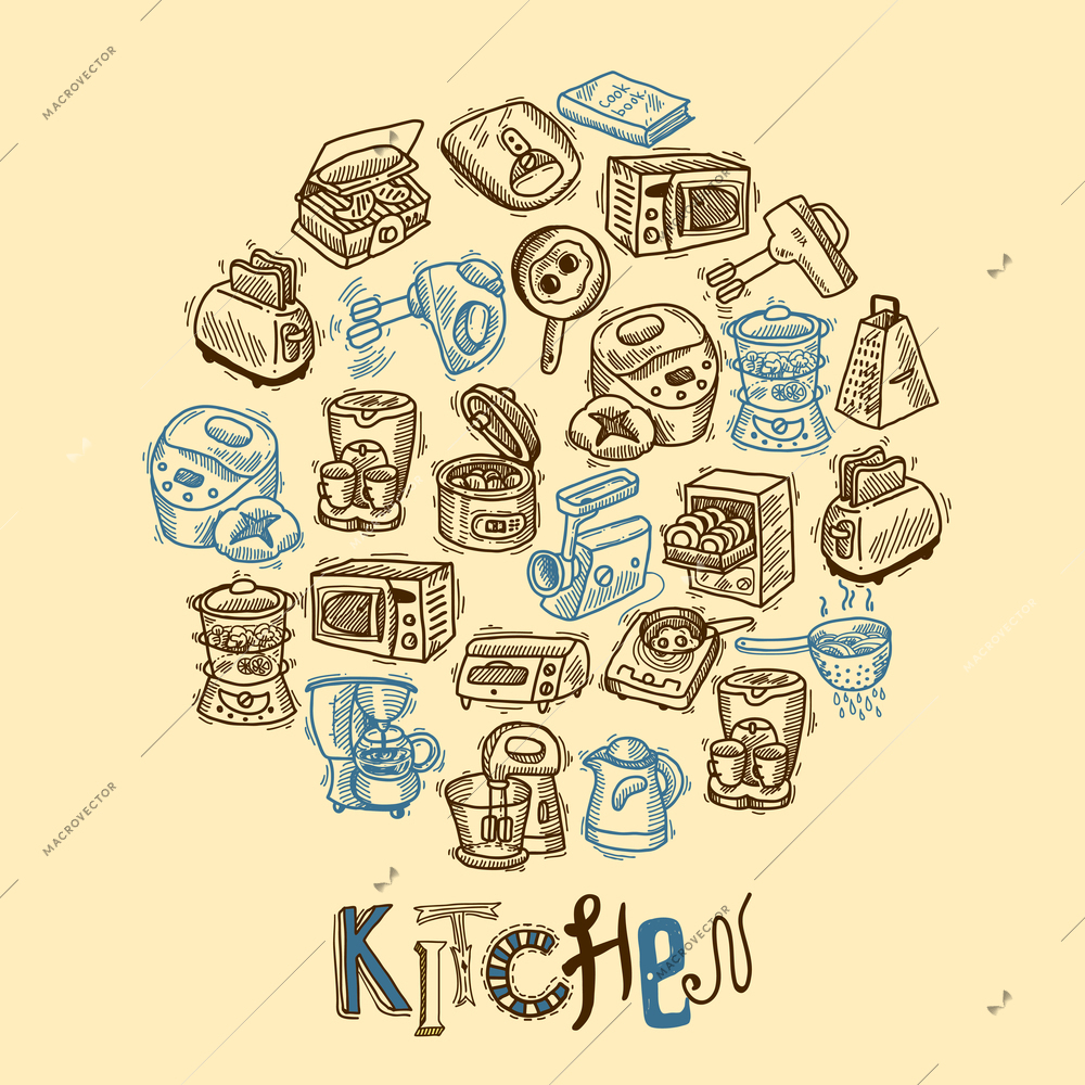 Kitchen equipment and appliances sketch concept with toaster coffee machine blender vector illustration