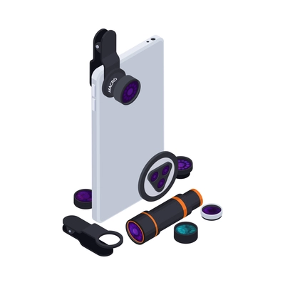 Various lenses for smartphone camera isometric 3d vector illustration