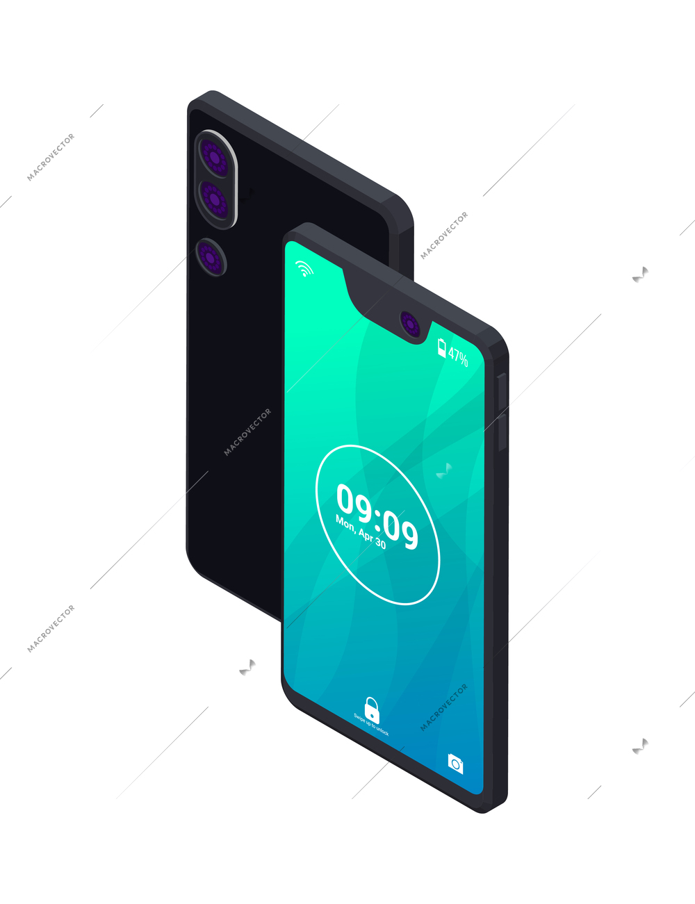 Isometric icon with back and front view of modern smartphone 3d vector illustration