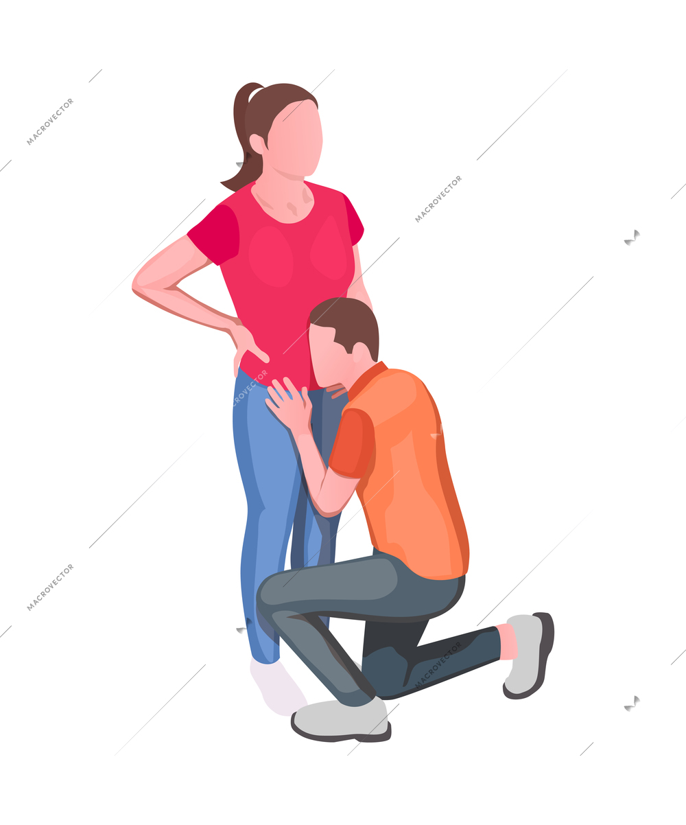 Man listening to belly of pregnant woman isometric 3d vector illustration