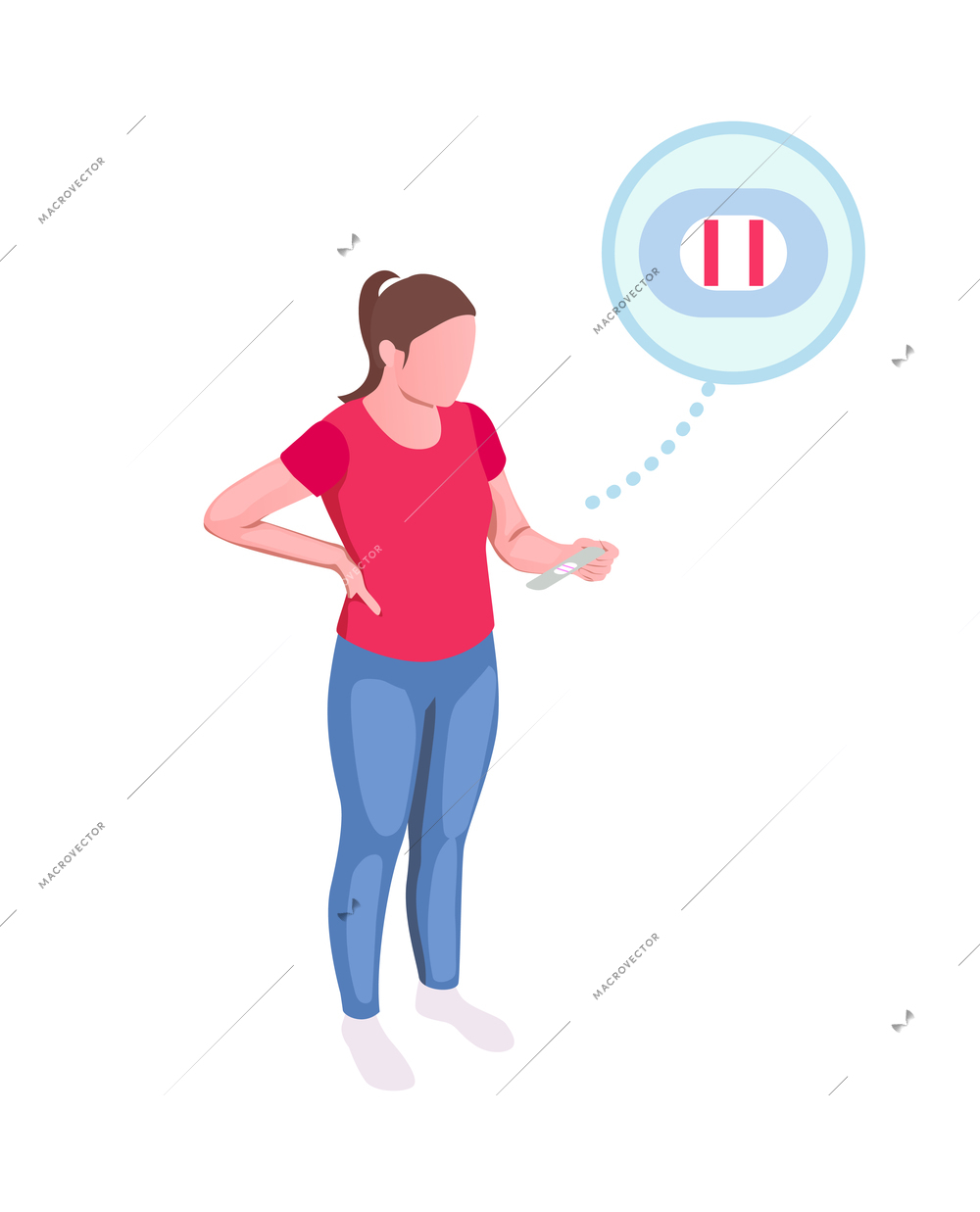 Young woman holding positive pregnancy test 3d isometric vector illustration