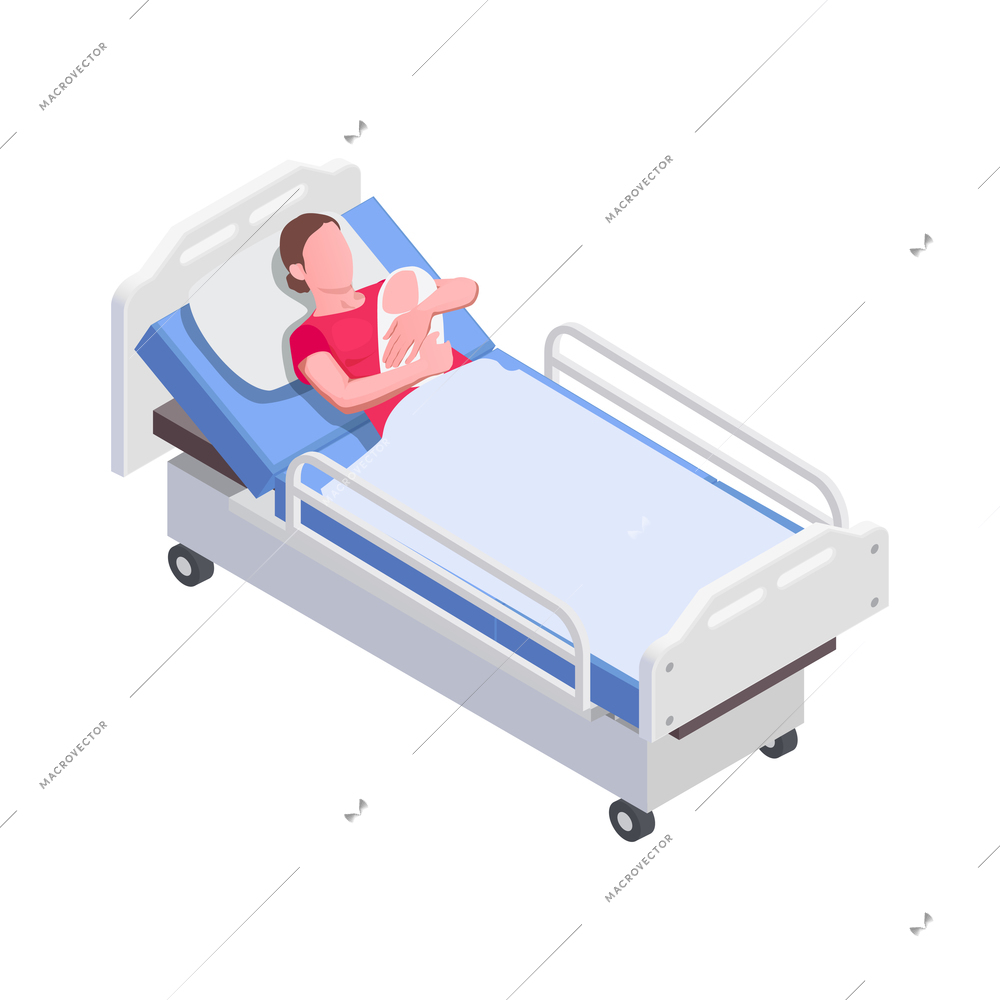 Pregnancy birth icon of young mother with newborn baby in hospital bed 3d isometric vector illustration