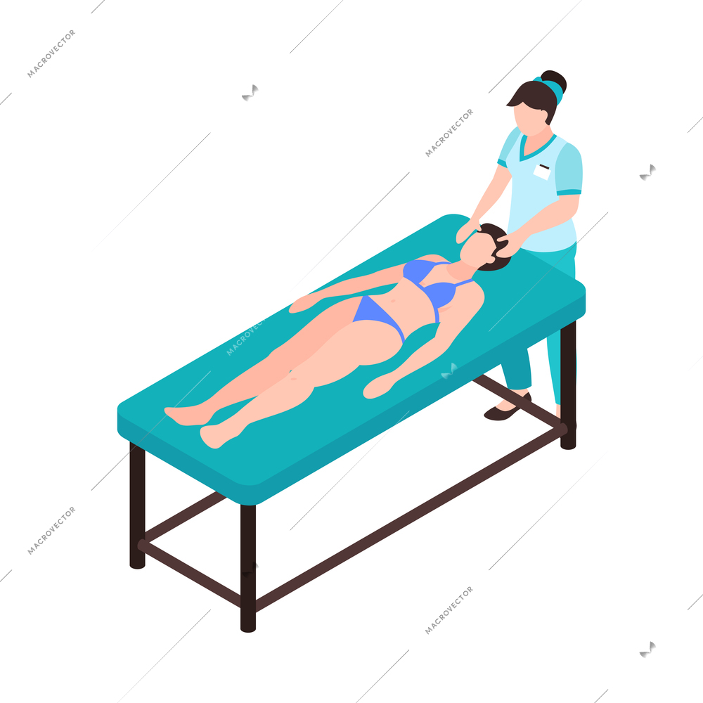 Isometric spa salon icon with massage therapist doing facial massage to woman 3d vector illustration