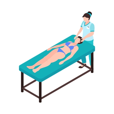 Isometric spa salon icon with massage therapist doing facial massage to woman 3d vector illustration