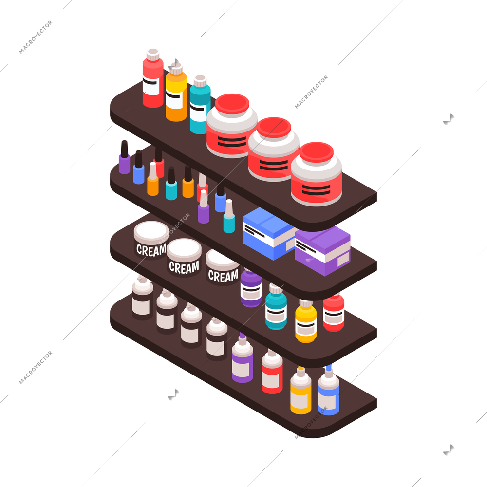 Isometric beauty salon interior icon with various cosmetic products on shelves 3d vector illustration