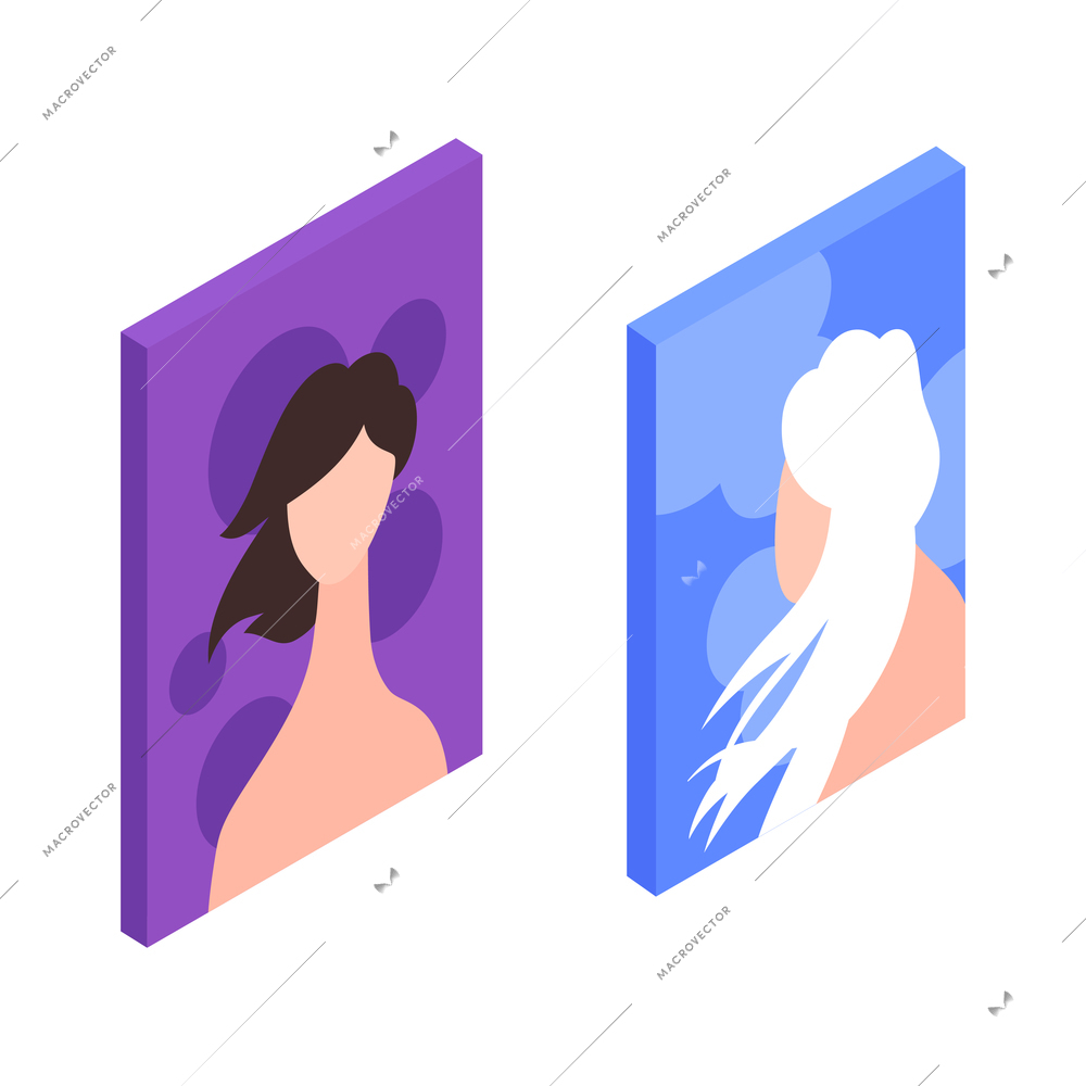 Isometric icon with color posters with female faces and hair for beauty salon interior 3d isolated vector illustration