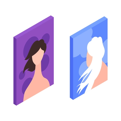 Isometric icon with color posters with female faces and hair for beauty salon interior 3d isolated vector illustration