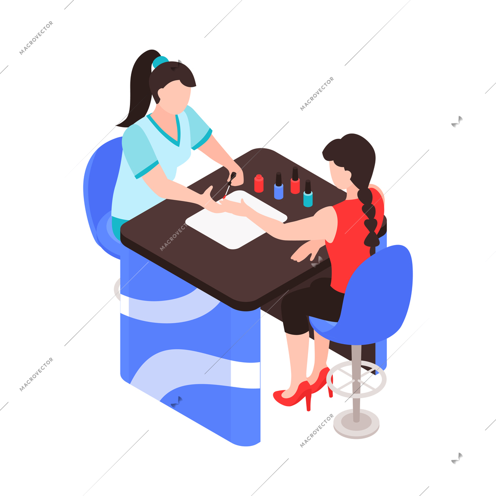 Nail artist doing nails to young woman in beauty salon 3d isometric icon vector illustration