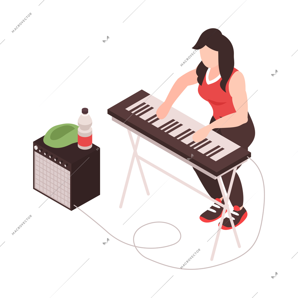 Female street musician playing keyboard outdoors with amplifier 3d isometric vector illustration