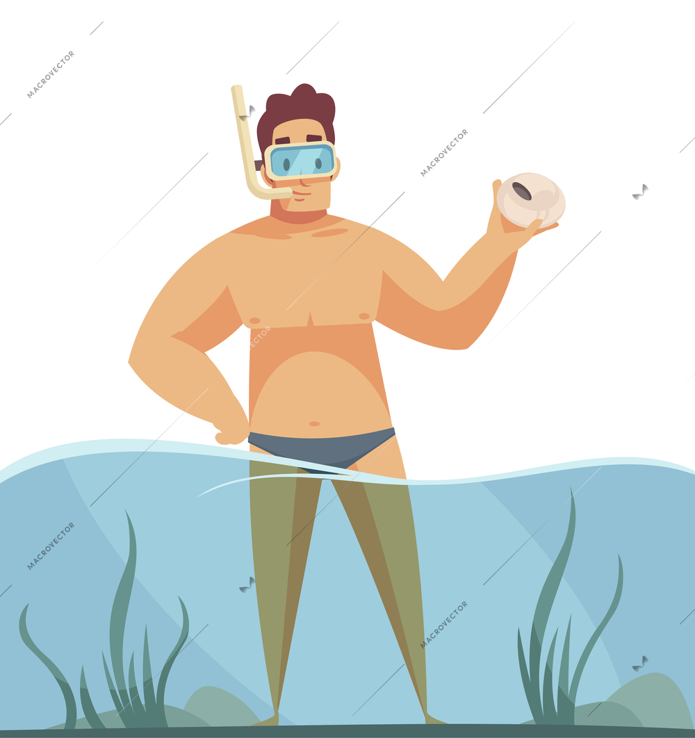 Beach holiday flat icon with man wearing snorkel standing in water vector illustration