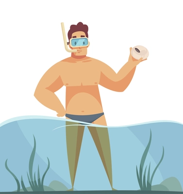 Beach holiday flat icon with man wearing snorkel standing in water vector illustration