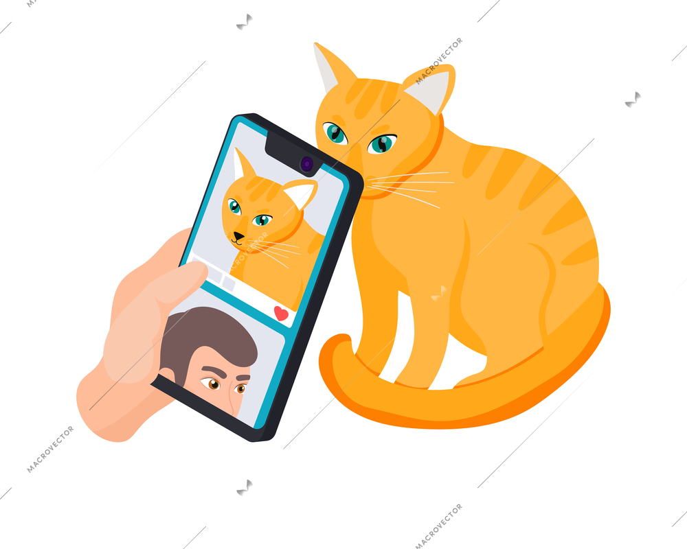 Human hand taking photo of cat on mobile phone and posting it on social media isometric icon vector illustration