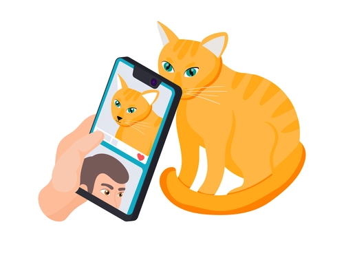 Human hand taking photo of cat on mobile phone and posting it on social media isometric icon vector illustration