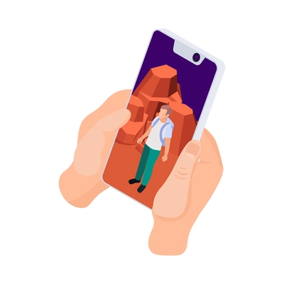 Human hands holding mobile phone with travel photo on screen isometric icon 3d vector illustration