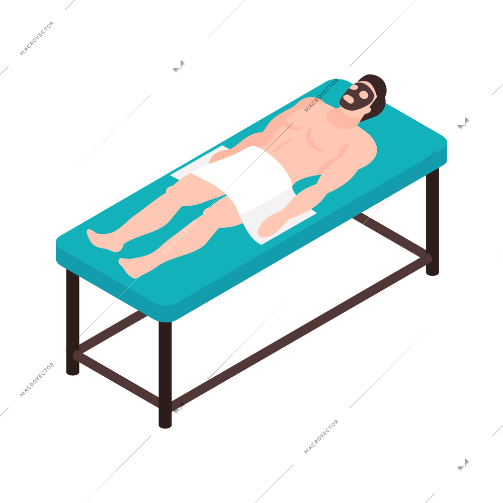 Isometric beauty cosmetology icon with man relaxing with facial mask in spa salon 3d vector illustration