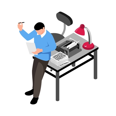 Writer working in his office with typewriter and pile of papers on desk 3d isometric icon vector illustration