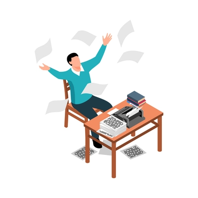 Male writer throwing papers in his office with typewriter on desk 3d isometric icon vector illustration