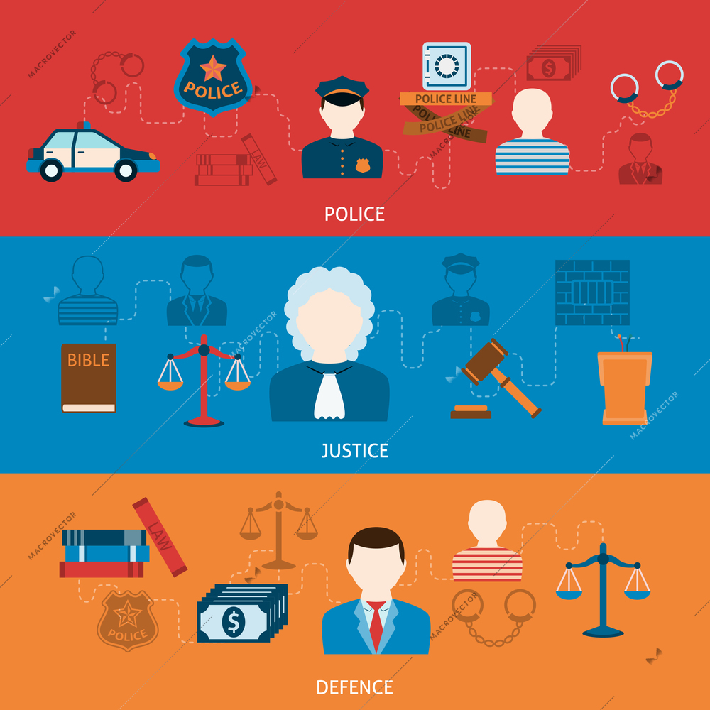 Crime police investigation judgment  punishment and imprisonment symbols infographics elements flat horizontal banners set abstract  vector illustration