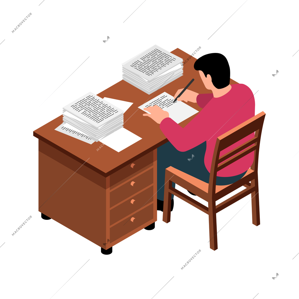 Writer work place isometric icon with male character working on new book 3d vector illustration