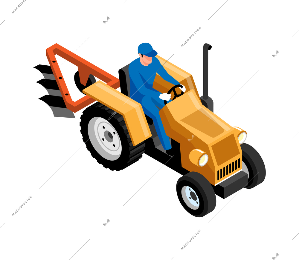 Farmer driving tractor isometric icon on white background 3d vector illustration