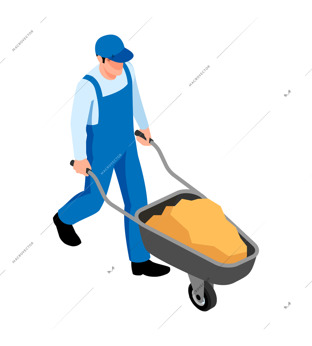 Male farmer carrying wheelbarrow isometric icon 3d vector illustration