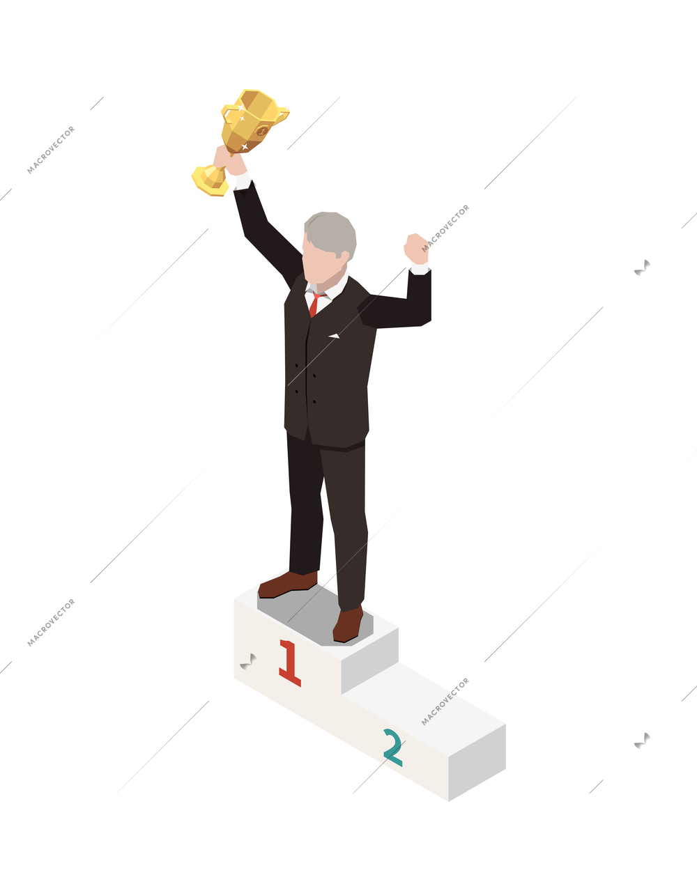 Election winner isometric icon with male character standing on pedestal with cup 3d vector illustration