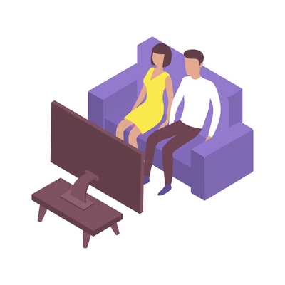 Couple watching tv at home sitting on sofa isometric vector illustration